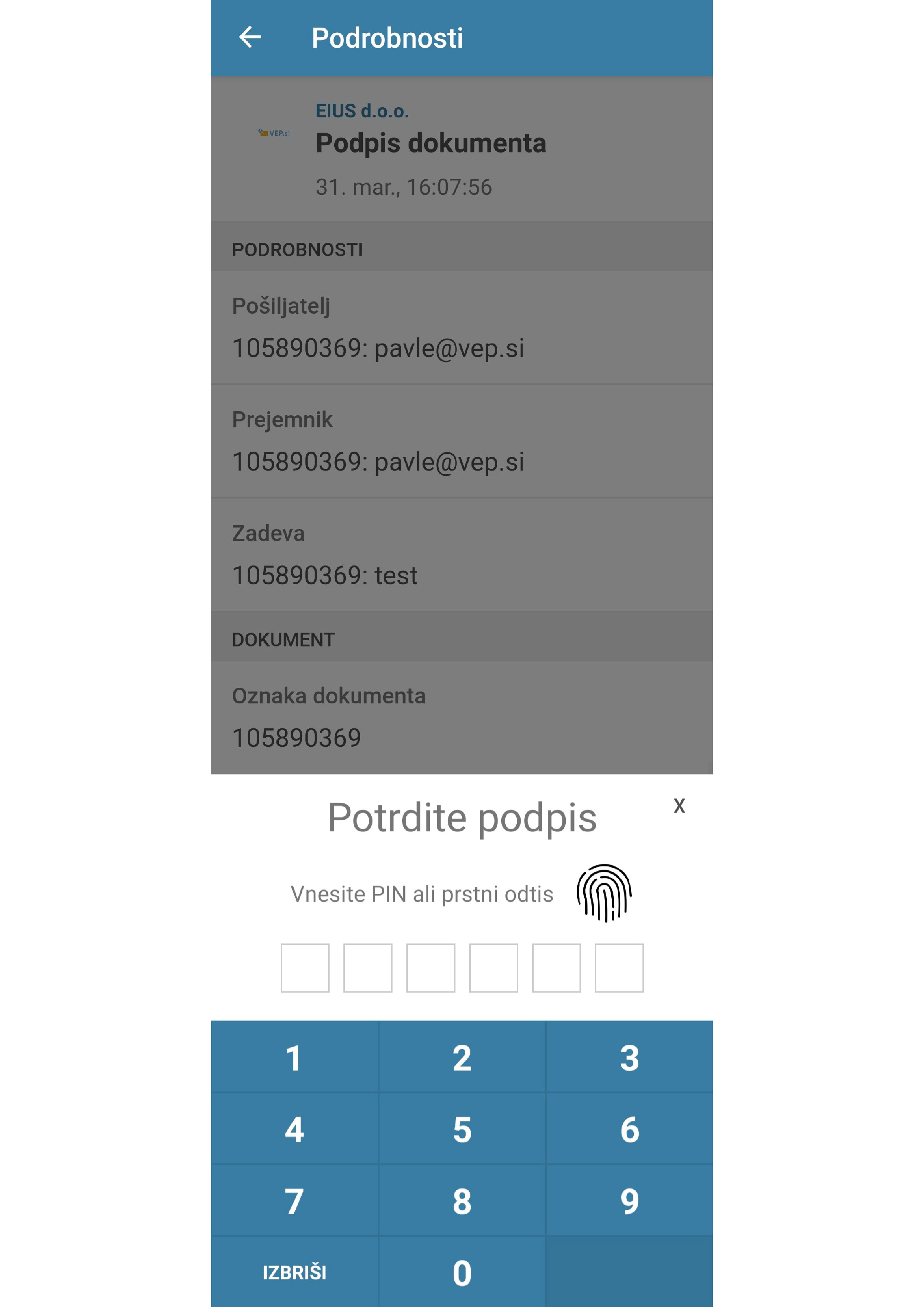 3. Potrditev prijave s prstnim odtisom ali pin kodo